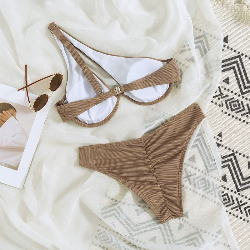 Women One-Shoulder Cutout Two-Piece Bikini Set with Underwire Cups view 3