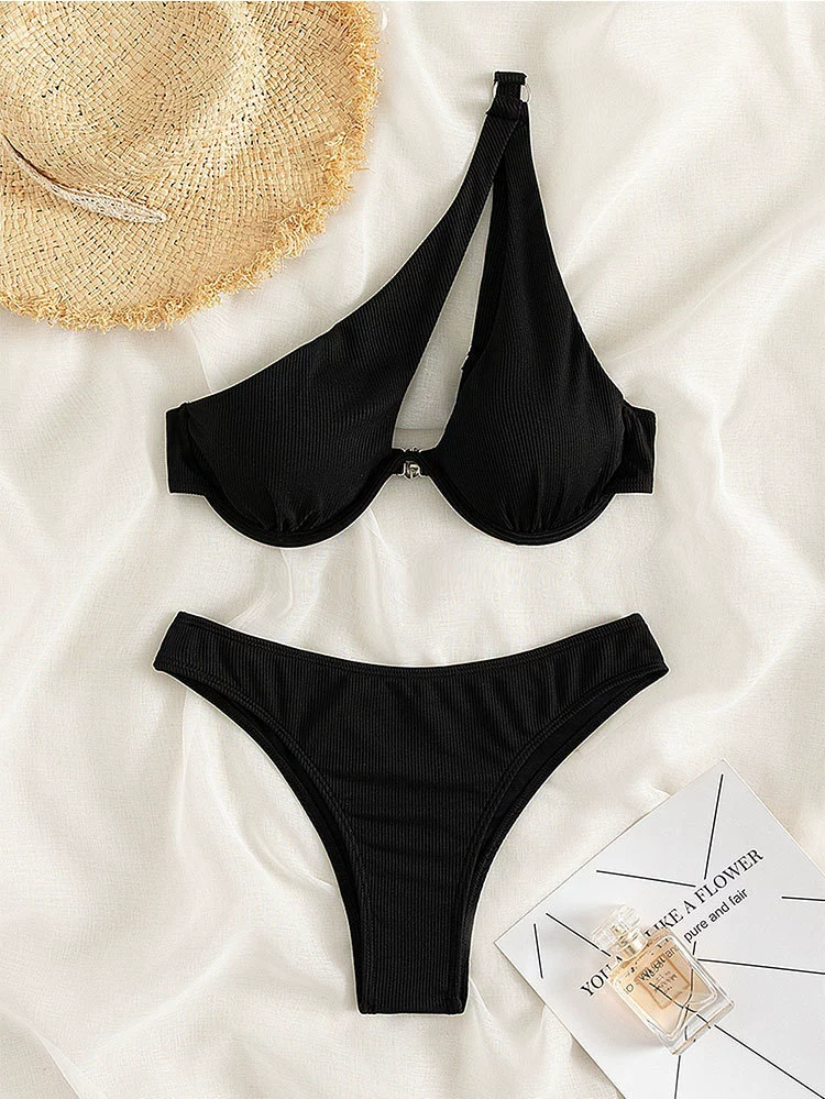 Women One-Shoulder Cutout Two-Piece Bikini Set with Underwire Cups view 6