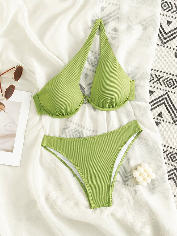 Women One-Shoulder Cutout Two-Piece Bikini Set with Underwire Cups view 7