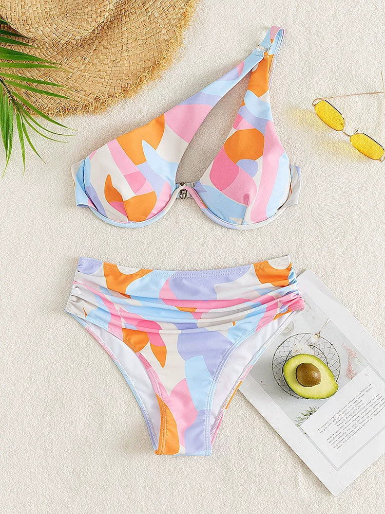 Women One-Shoulder Cutout Two-Piece Bikini Set with Underwire Cups view 8