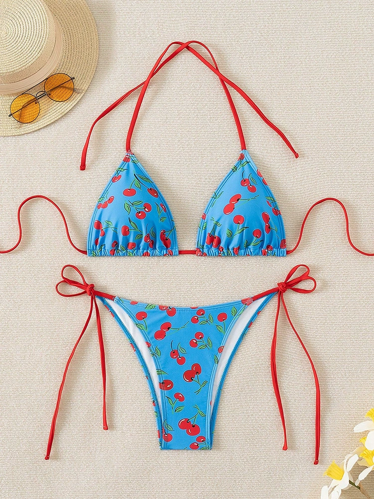 Triangle Halter Bikini Set with String Bottoms view 7