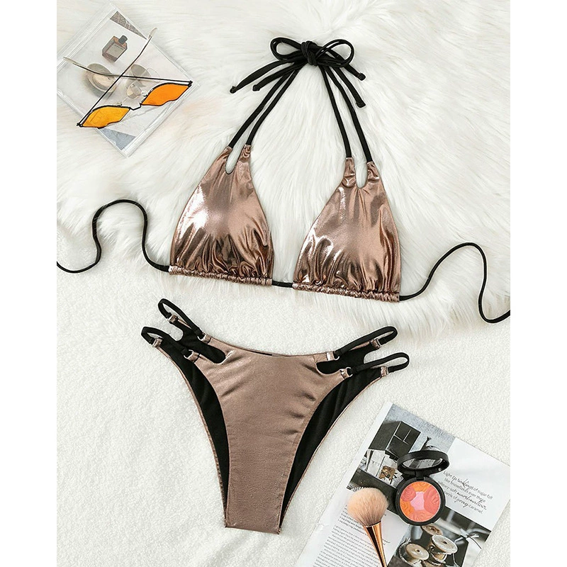 Halter Triangle Bikini Set with High-Cut Strappy Bottoms view 3