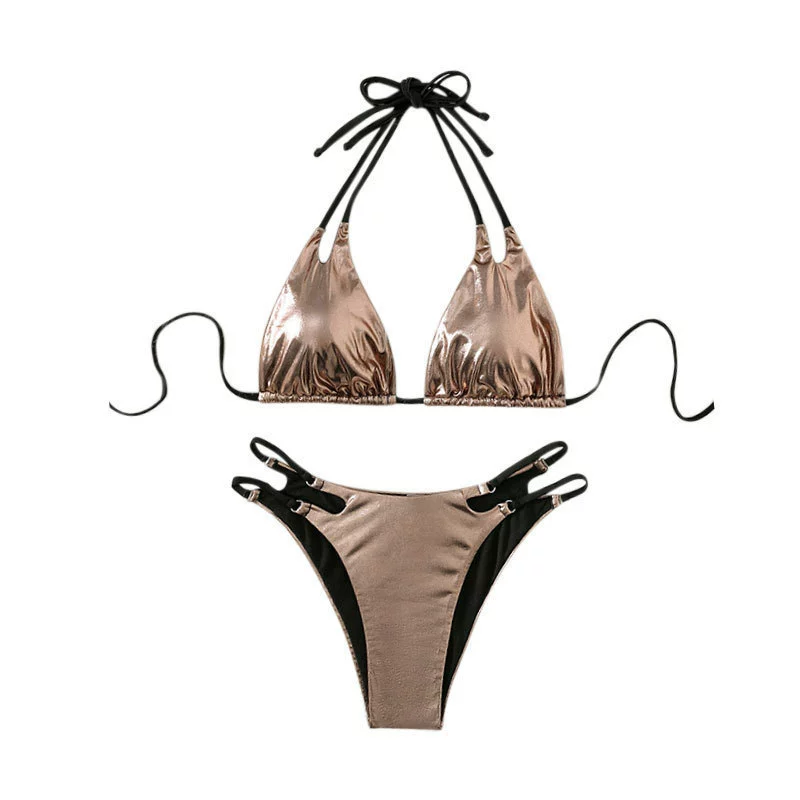 Halter Triangle Bikini Set with High-Cut Strappy Bottoms view 5
