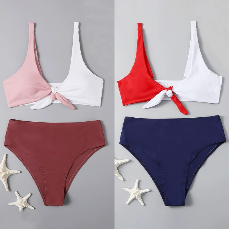 Two-Piece Swimsuit Set with Front Knot Top and High-Waist Bottom