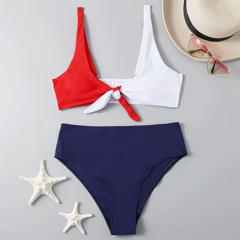 Two-Piece Swimsuit Set with Front Knot Top and High-Waist Bottom