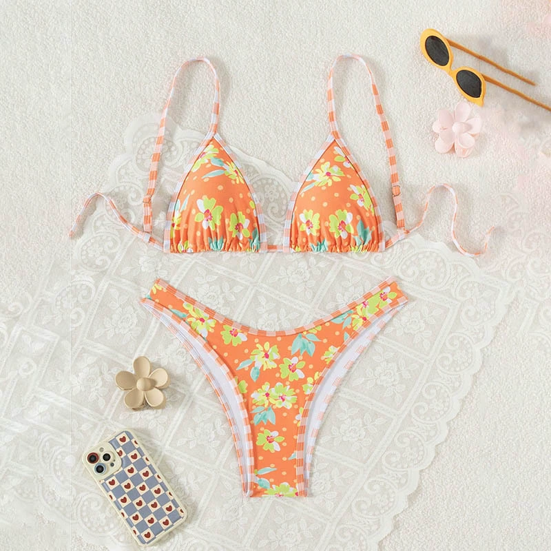 Women’s Two-Piece Triangle Halter Bikini Set with High-Cut Bottom