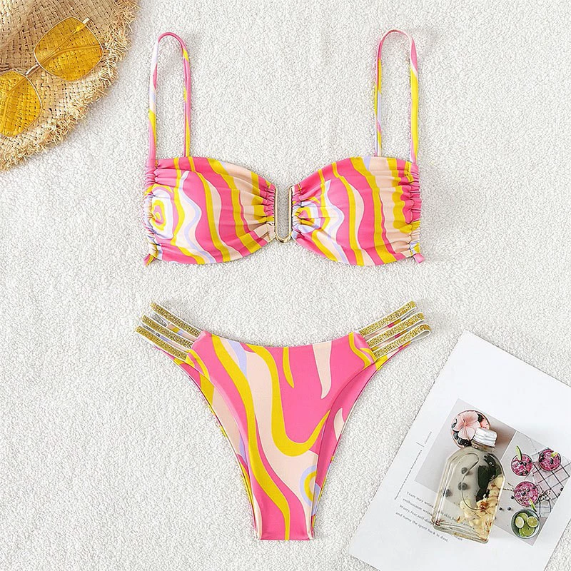 Two-Piece Bikini Set with Bandeau Top and Multi-Strap Bottom