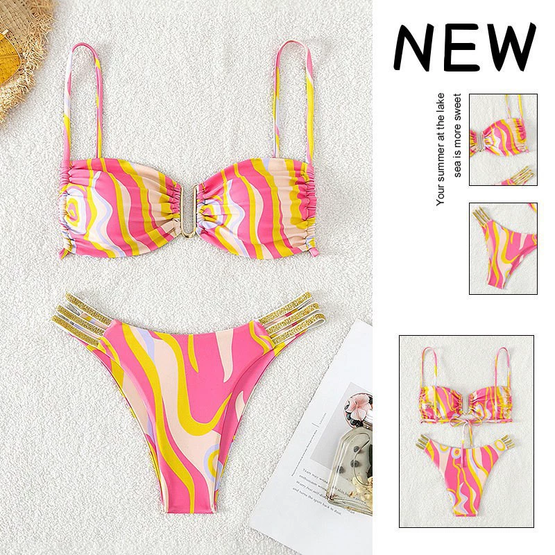 Two-Piece Bikini Set with Bandeau Top and Multi-Strap Bottom
