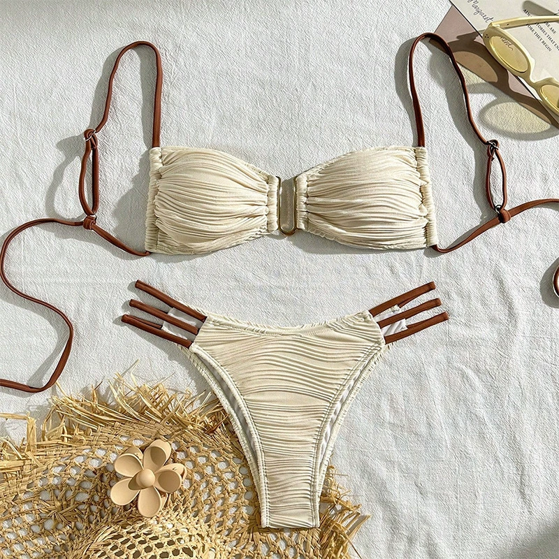Ruched Bandeau Bikini Set with Triple Side Straps