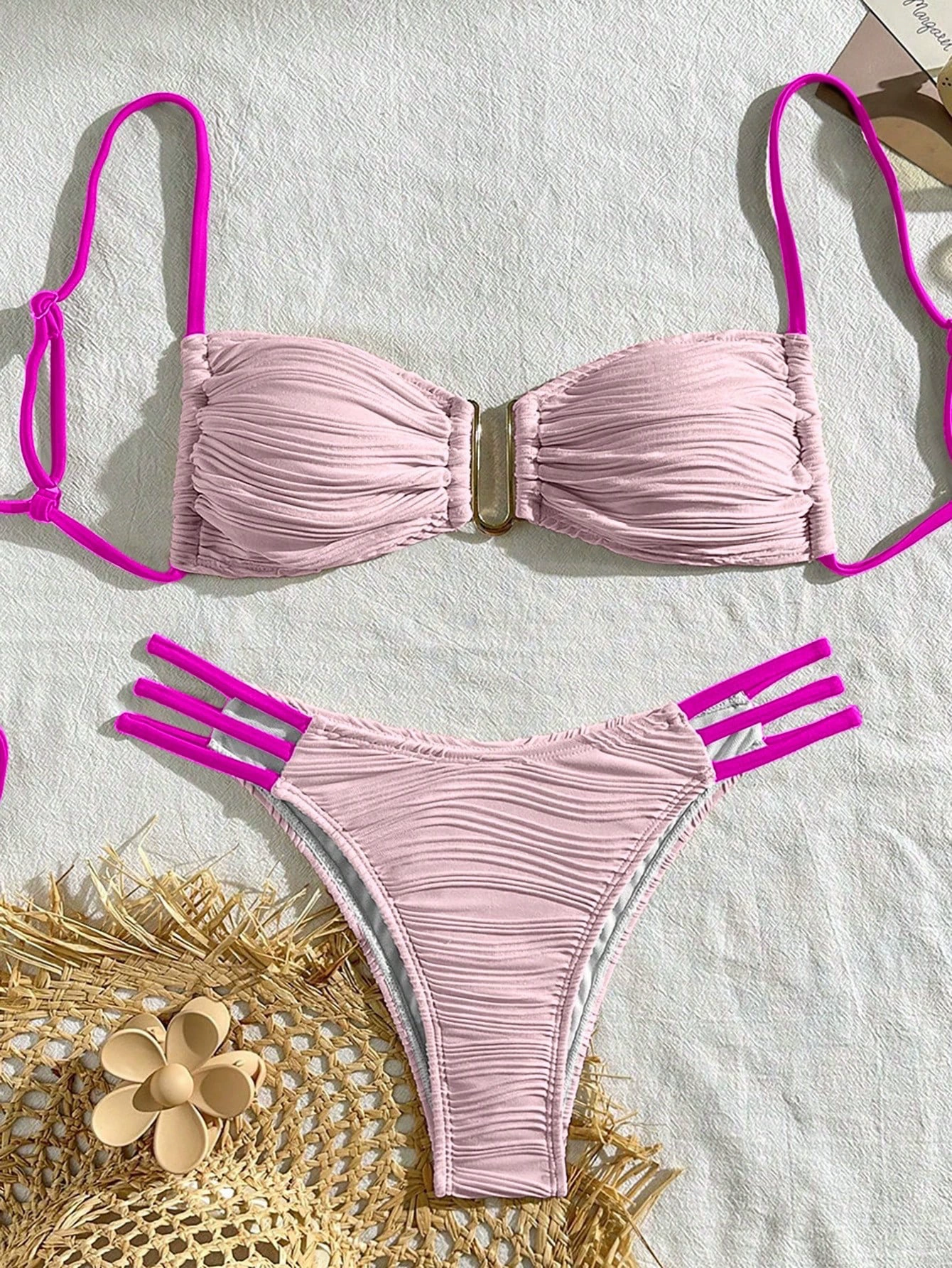 Ruched Bandeau Bikini Set with Triple Side Straps view 12