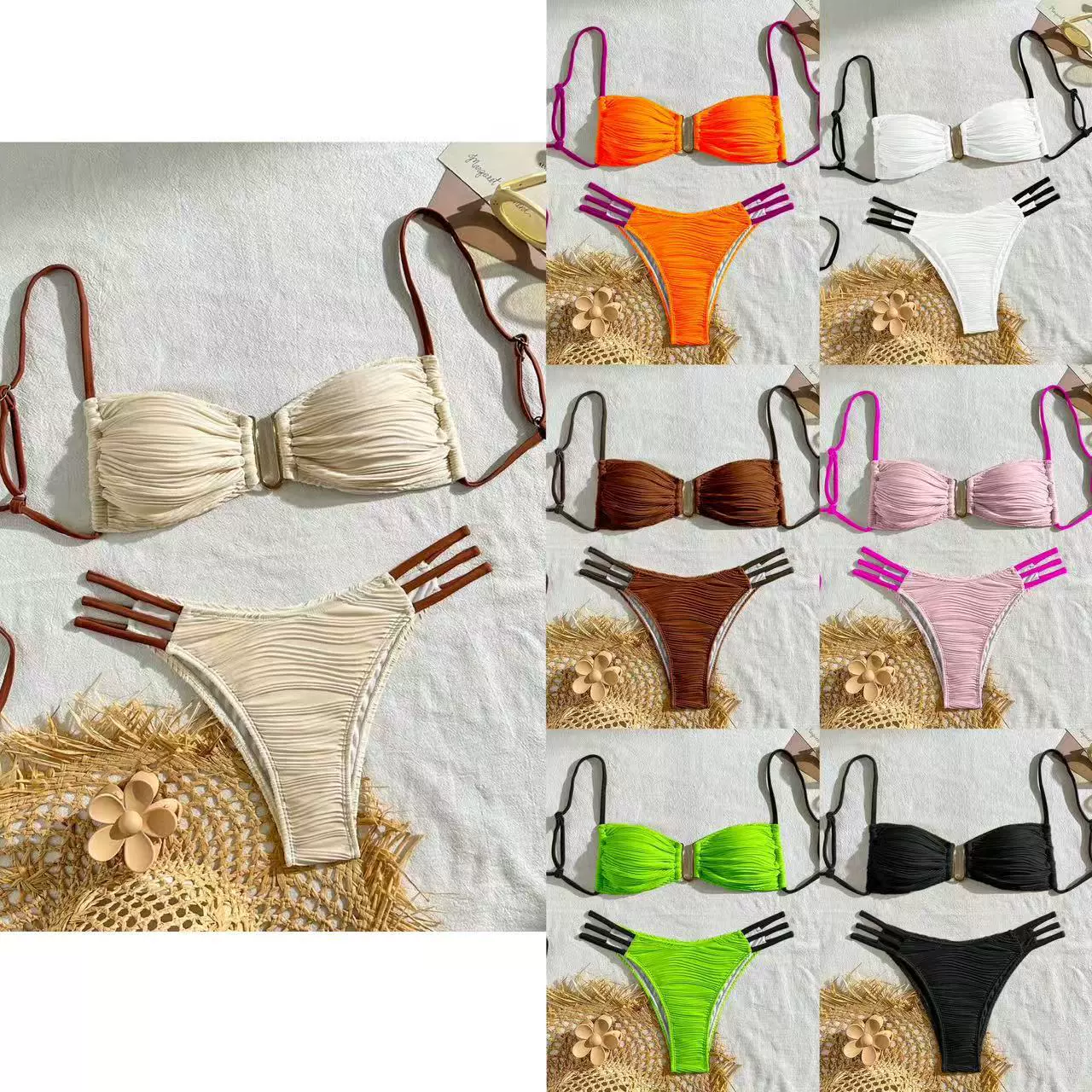 Ruched Bandeau Bikini Set with Triple Side Straps
