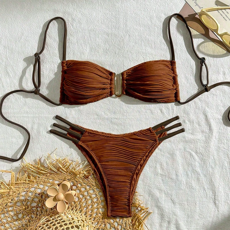 Ruched Bandeau Bikini Set with Triple Side Straps view 7