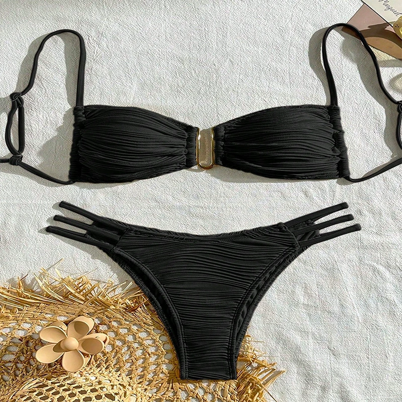 Ruched Bandeau Bikini Set with Triple Side Straps view 9