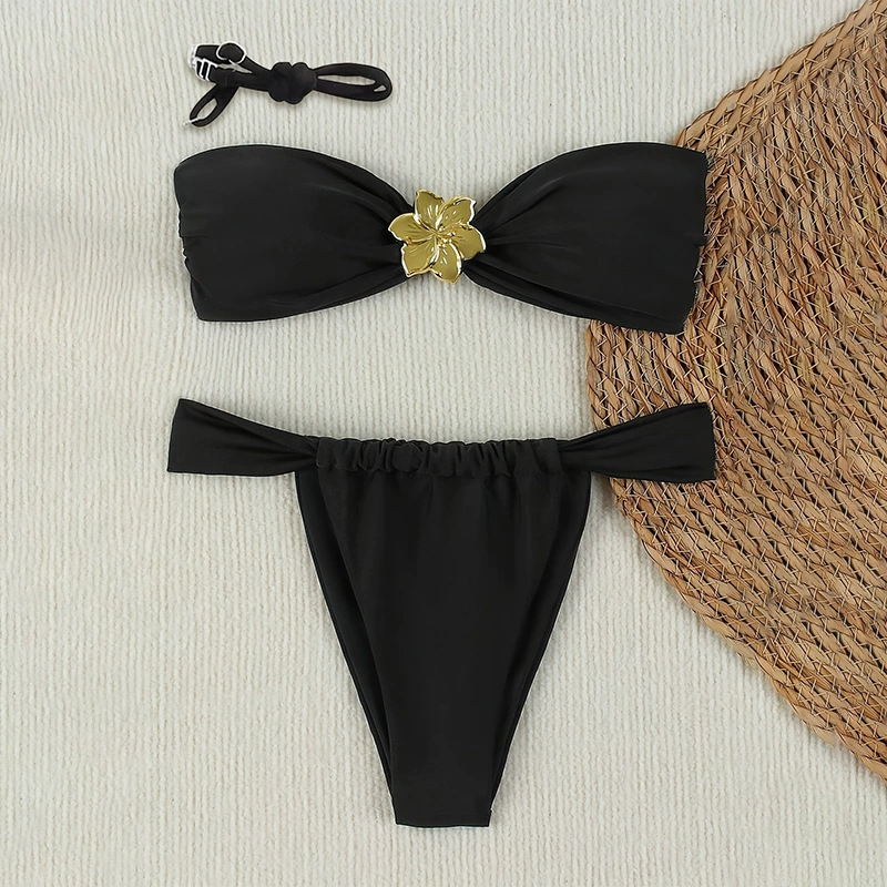 Two-Piece Bandeau Bikini with Knotted Front and Side Ties