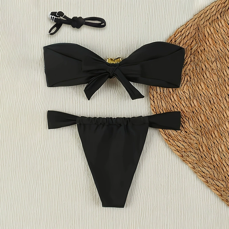 Two-Piece Bandeau Bikini with Knotted Front and Side Ties