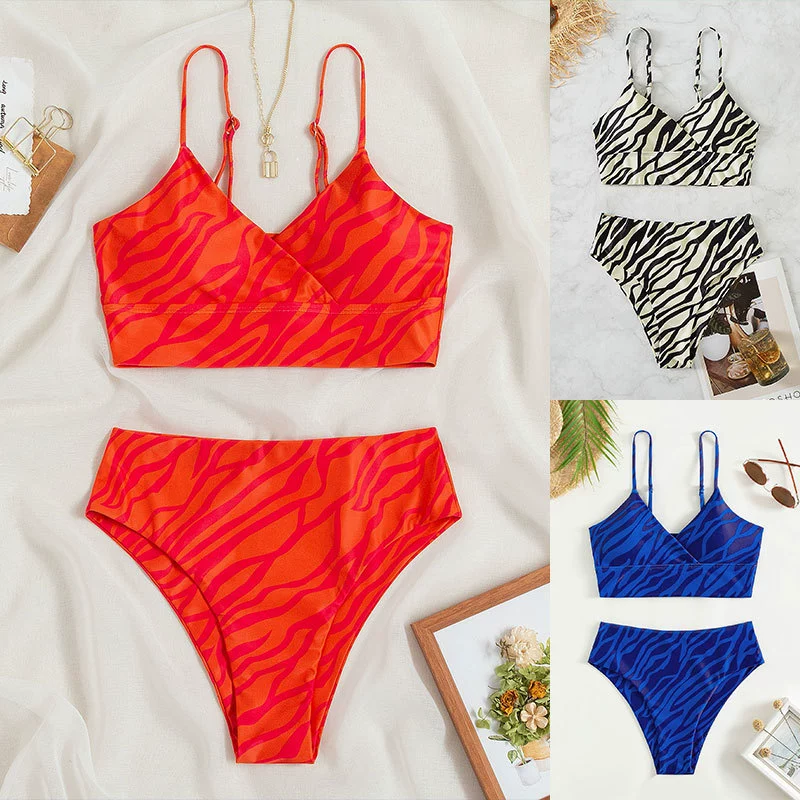 V-Neck Two-Piece Bikini Set with High-Waist Bottom