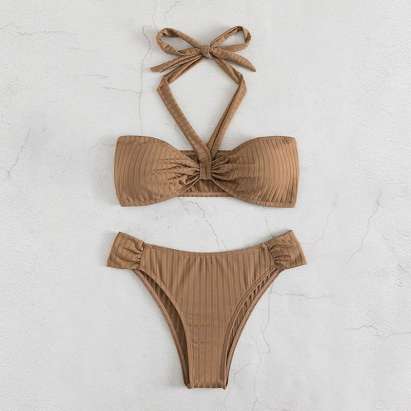 Halter Neck Twist Front Bandeau Bikini Set with High Waist Bottom
