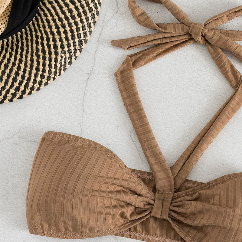 Halter Neck Twist Front Bandeau Bikini Set with High Waist Bottom view 3