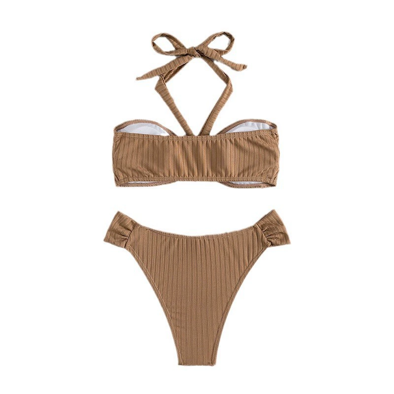 Halter Neck Twist Front Bandeau Bikini Set with High Waist Bottom view 5