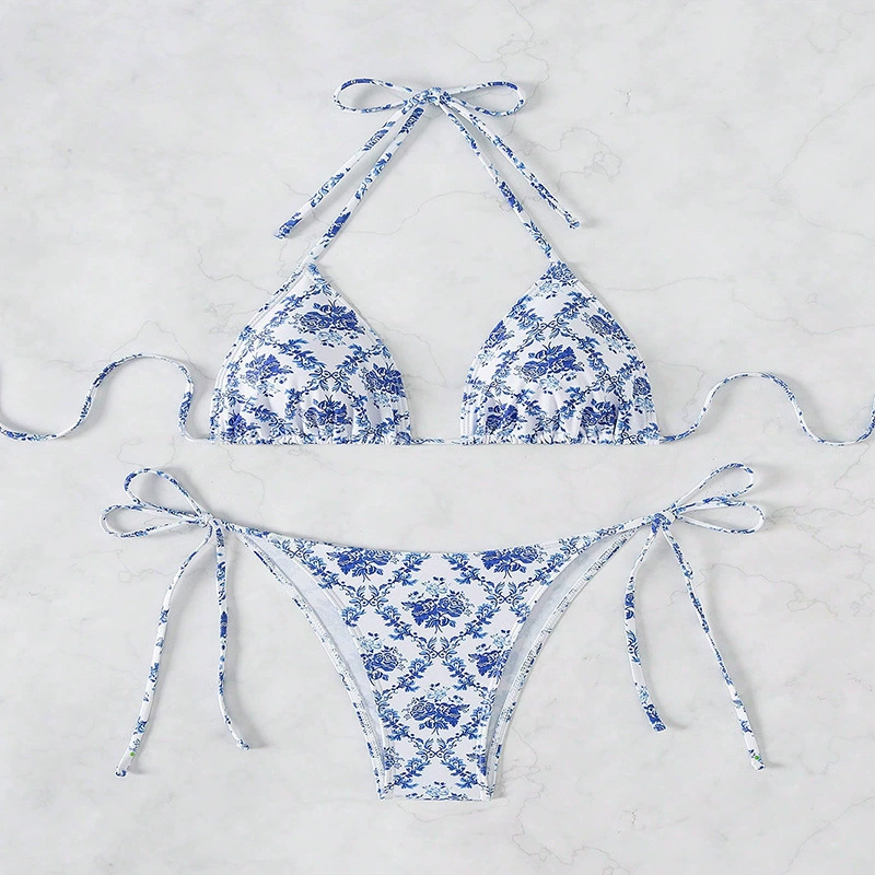 Halter Neck Triangle Bikini Set with Side Tie Bottom view 3