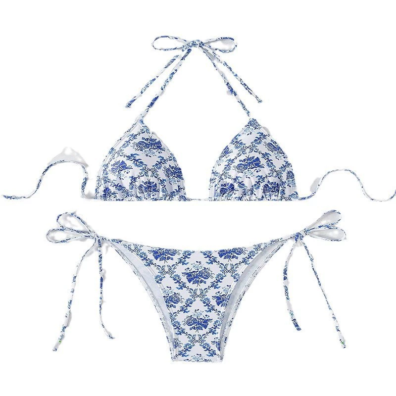 Halter Neck Triangle Bikini Set with Side Tie Bottom view 5