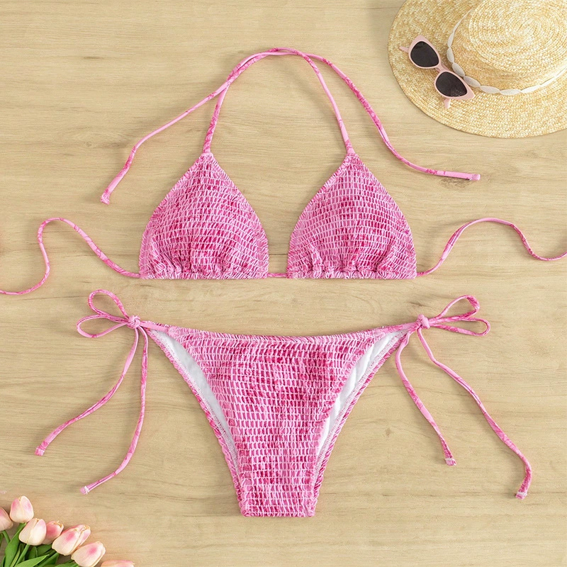 Halter Neck Tie-side Triangle Bikini Set with Removable Pads view 7