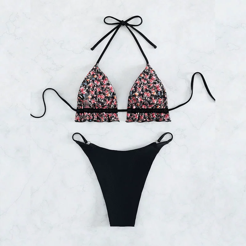 Ruffle Halter Triangle Bikini Set with High-Cut Bottoms view 4