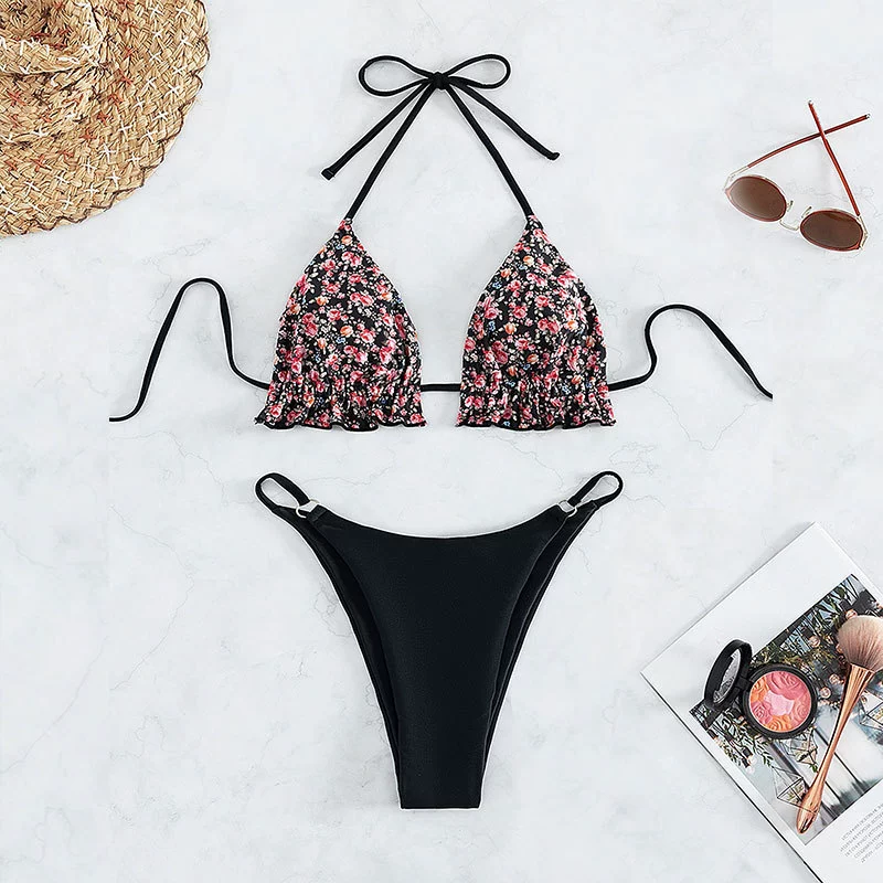 Ruffle Halter Triangle Bikini Set with High-Cut Bottoms view 6