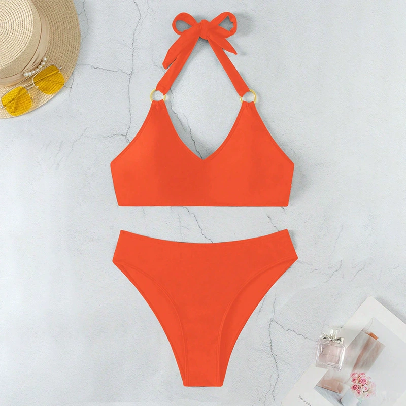 Two-Piece Halter Neck Bikini Set with V-Neck and Ring Details view 4