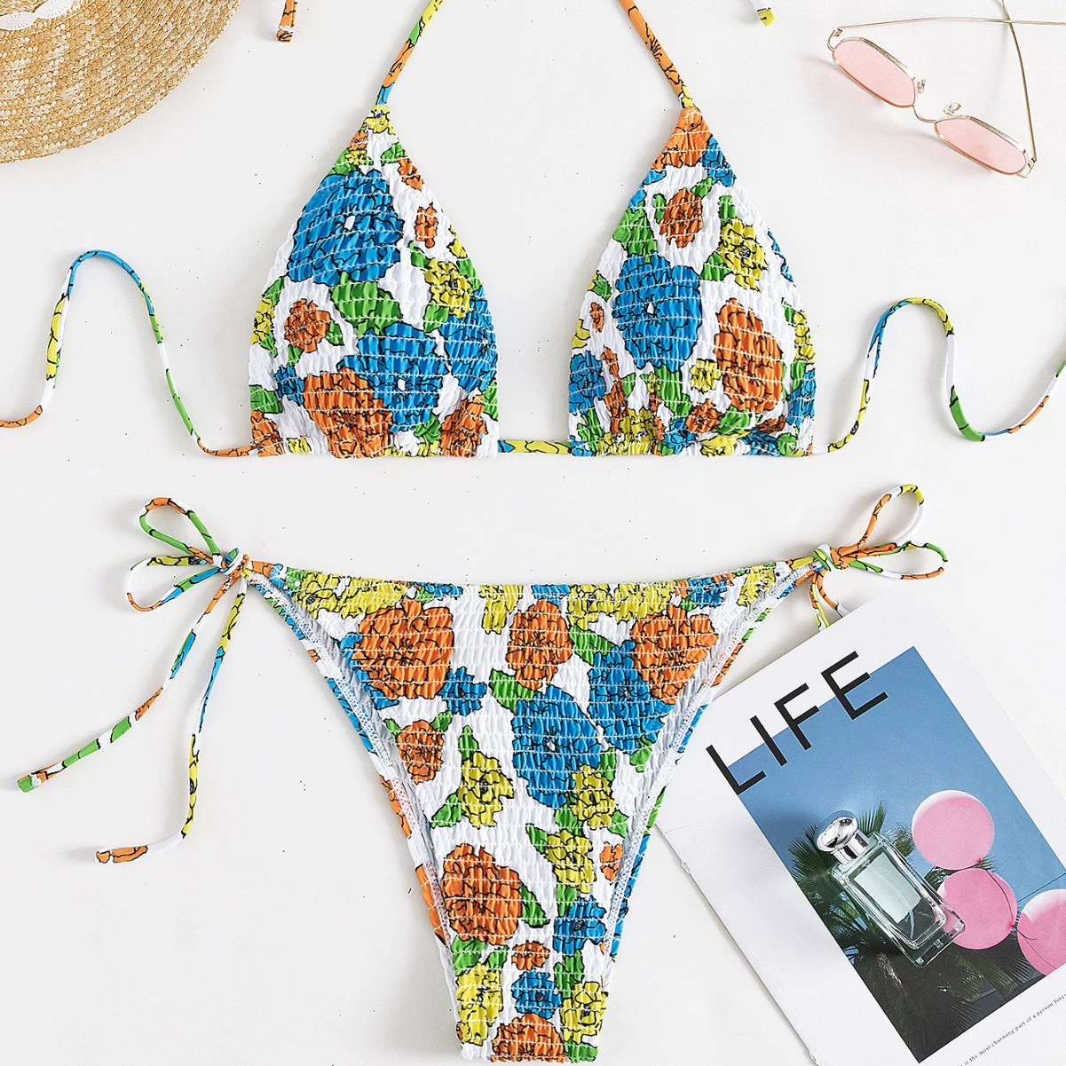 Smocked Halter Triangle Bikini Set with Tie Sides