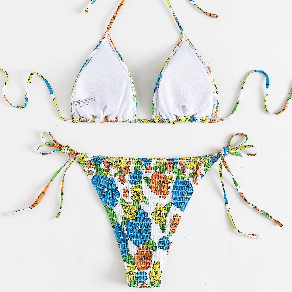 Smocked Halter Triangle Bikini Set with Tie Sides view 3