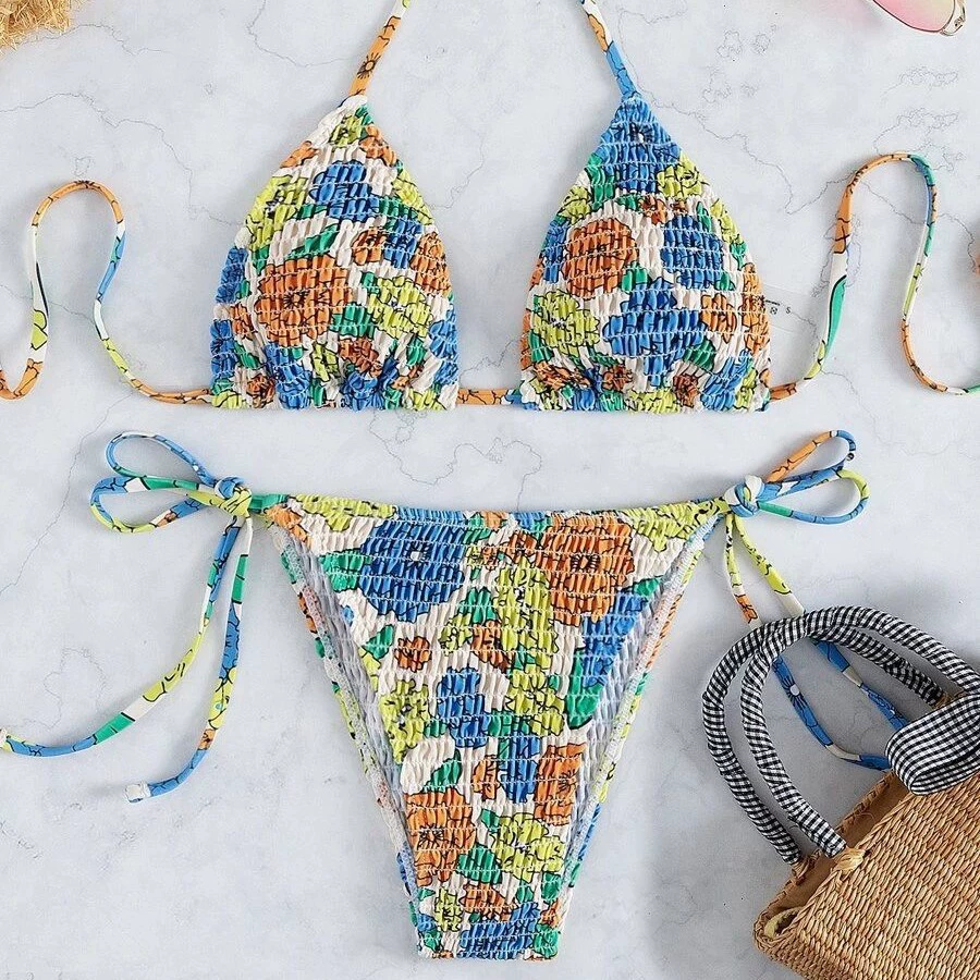 Smocked Halter Triangle Bikini Set with Tie Sides view 4