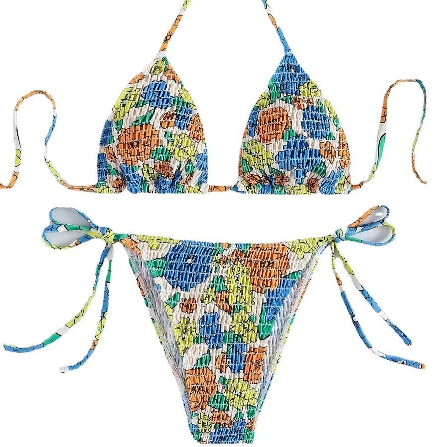 Smocked Halter Triangle Bikini Set with Tie Sides view 5