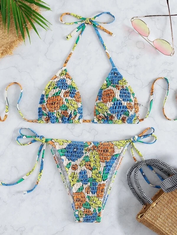 Smocked Halter Triangle Bikini Set with Tie Sides view 6