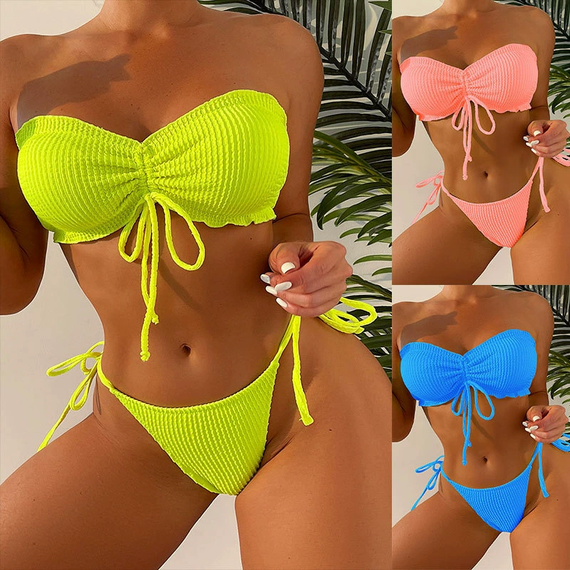 Strapless Bandeau Bikini Set with Side-Tie Thong Bottoms
