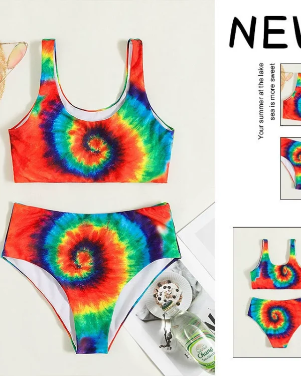 Conjunto de bikini de dos piezas con top redondo y bottom de tiro alto