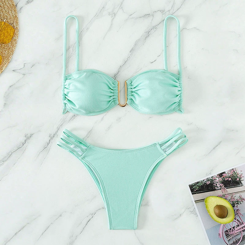 Two-Piece Bikini Set with Ruched Top and Strappy High-Cut Bottoms