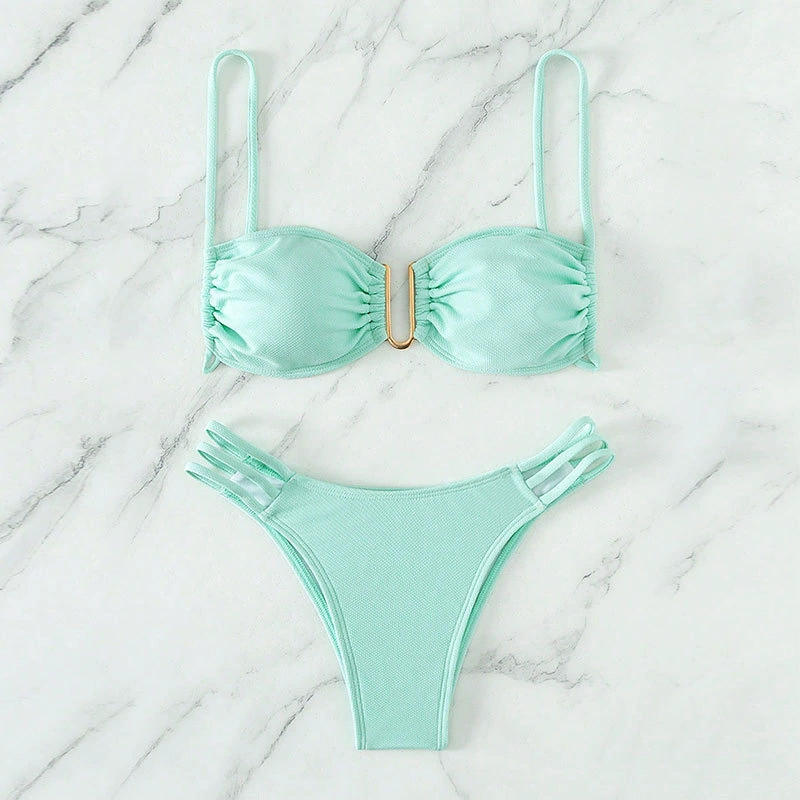 Two-Piece Bikini Set with Ruched Top and Strappy High-Cut Bottoms