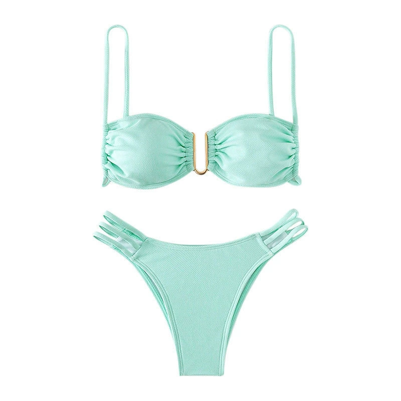 Two-Piece Bikini Set with Ruched Top and Strappy High-Cut Bottoms view 5