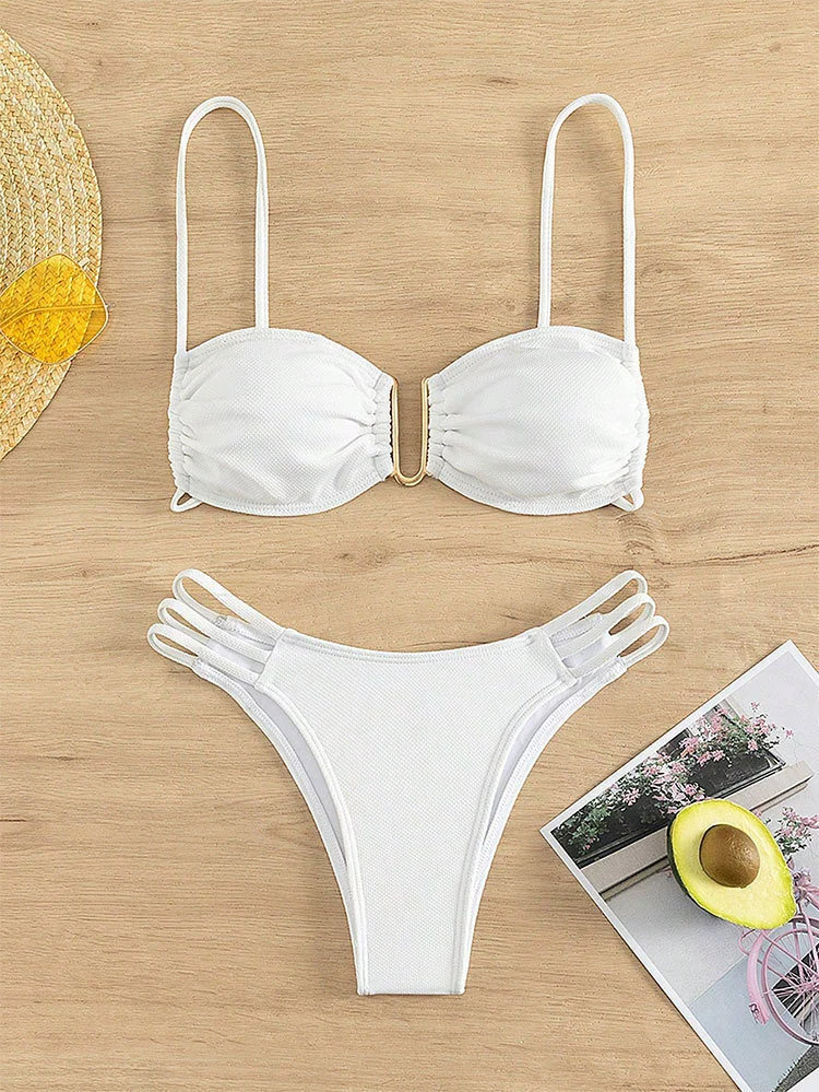 Two-Piece Bikini Set with Ruched Top and Strappy High-Cut Bottoms view 6