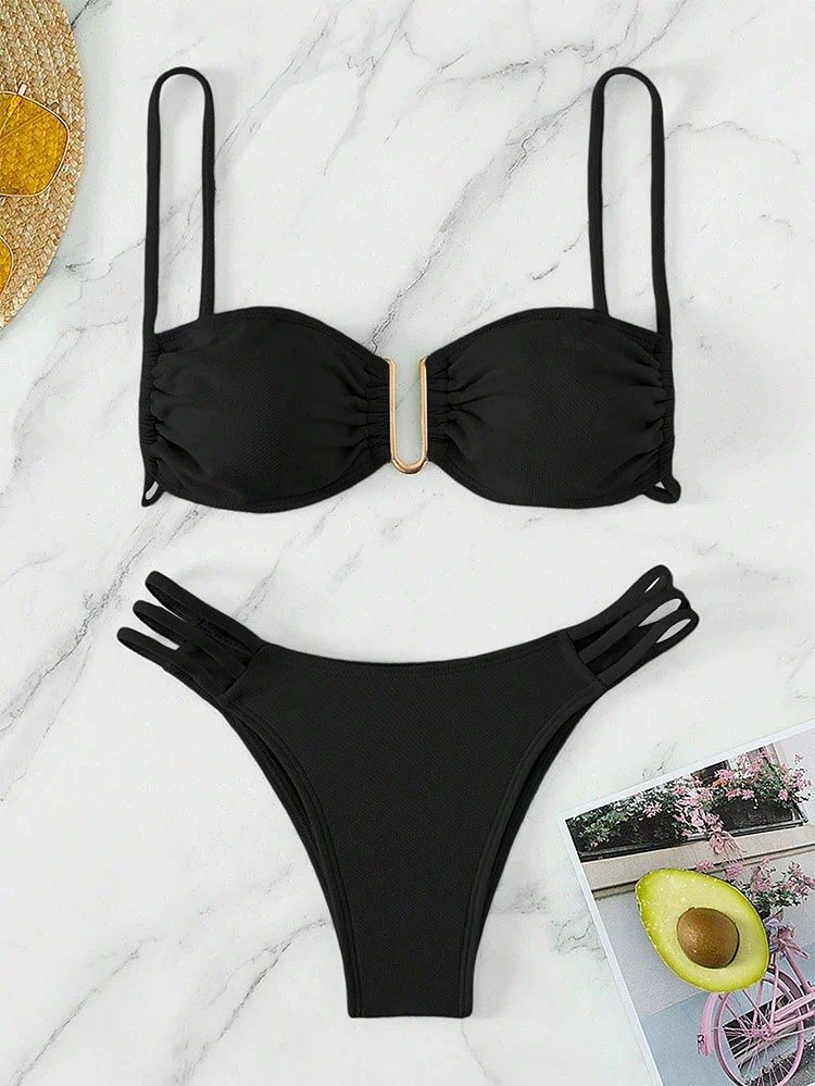 Two-Piece Bikini Set with Ruched Top and Strappy High-Cut Bottoms view 7