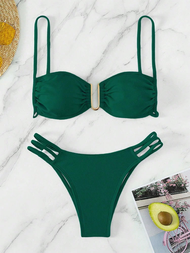 Two-Piece Bikini Set with Ruched Top and Strappy High-Cut Bottoms view 8