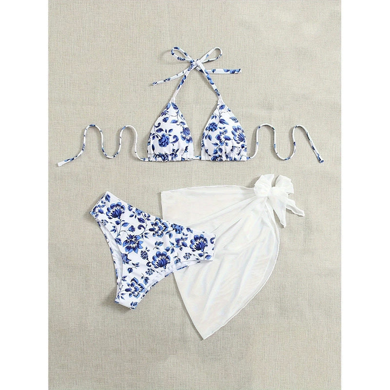 Halter Triangle Bikini Set with Cover-Up Skirt