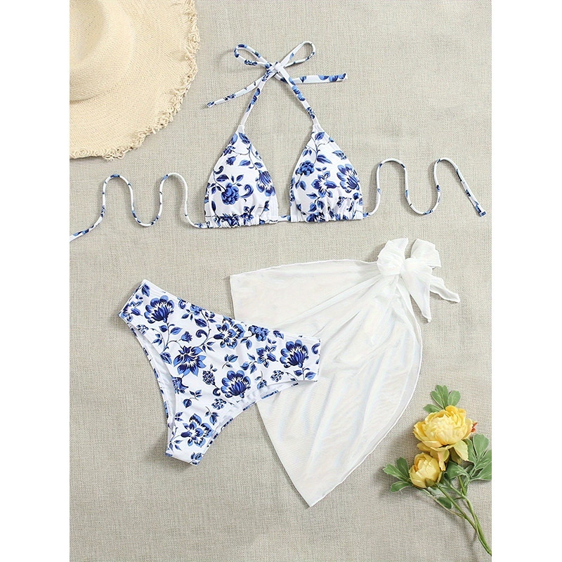 Halter Triangle Bikini Set with Cover-Up Skirt view 4
