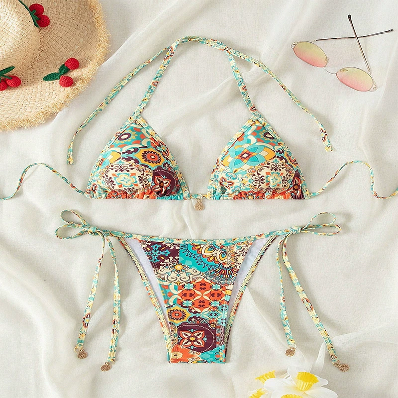 Halter Triangle Bikini Set with Tie-Side Bottoms