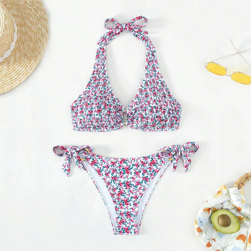 Two-Piece Halter Bikini Set with Side Tie Bottoms