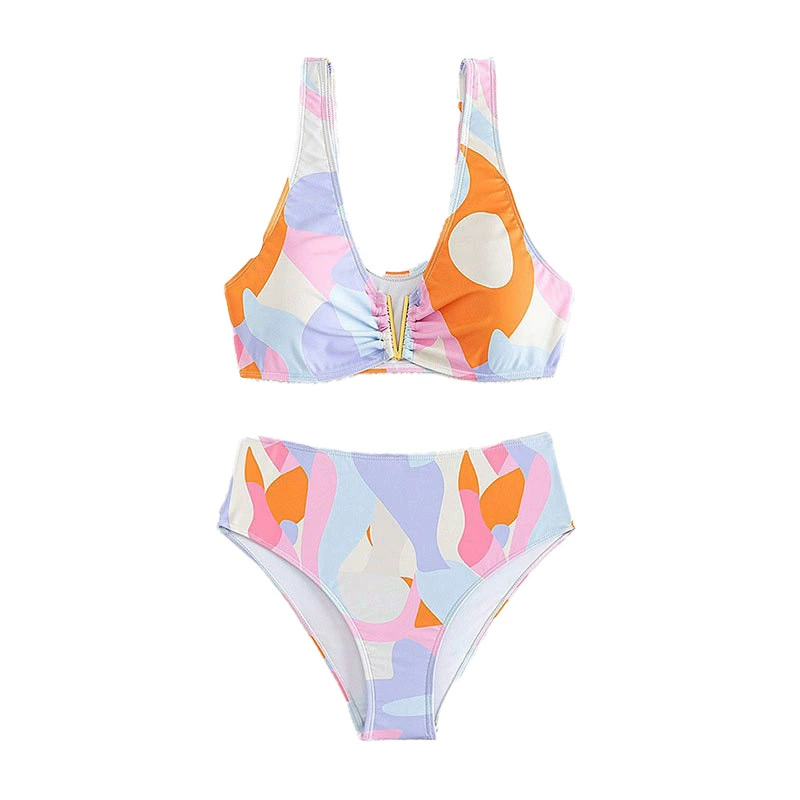 Two-Piece V-Neck High-Waist Bikini Set with Ruched Front