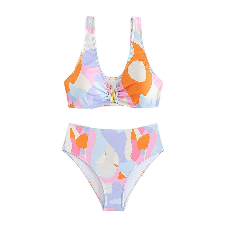 Two-Piece V-Neck High-Waist Bikini Set with Ruched Front view 5