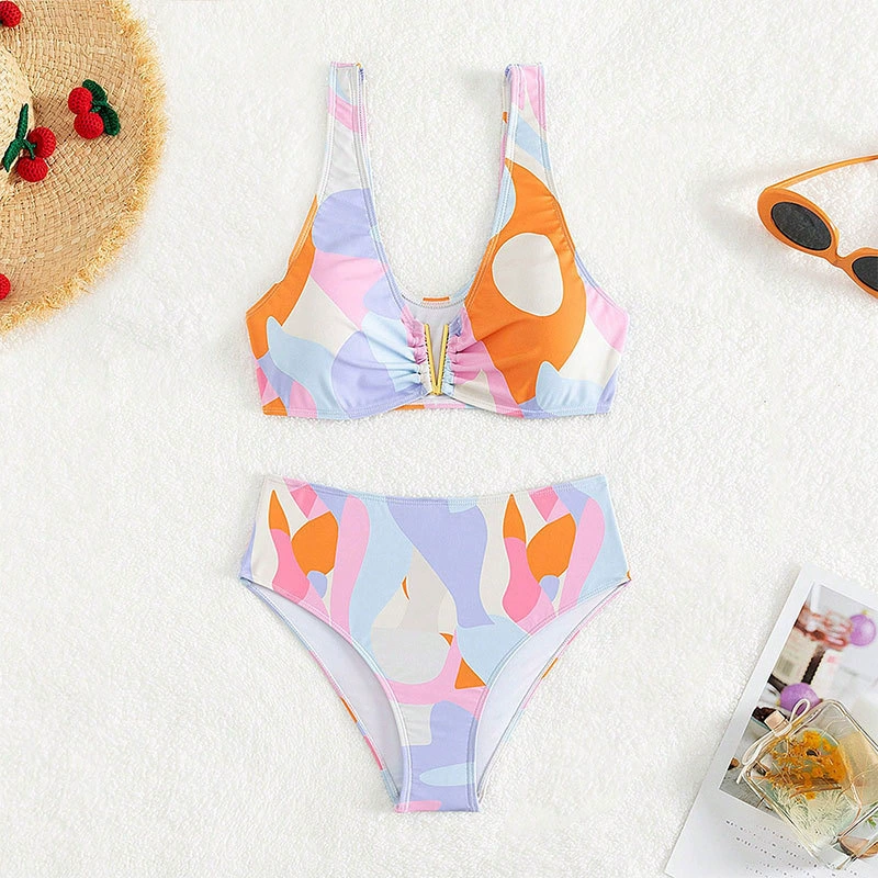 Two-Piece V-Neck High-Waist Bikini Set with Ruched Front view 6