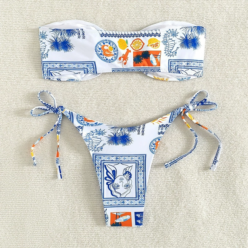Two-Piece Bandeau Bikini Set with Front Tie and Side-Tie Bottoms